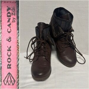 Rock & Candy Sz 7.5 Brown Faux Leather Lace up Ankle Boots Plaid Interion lining